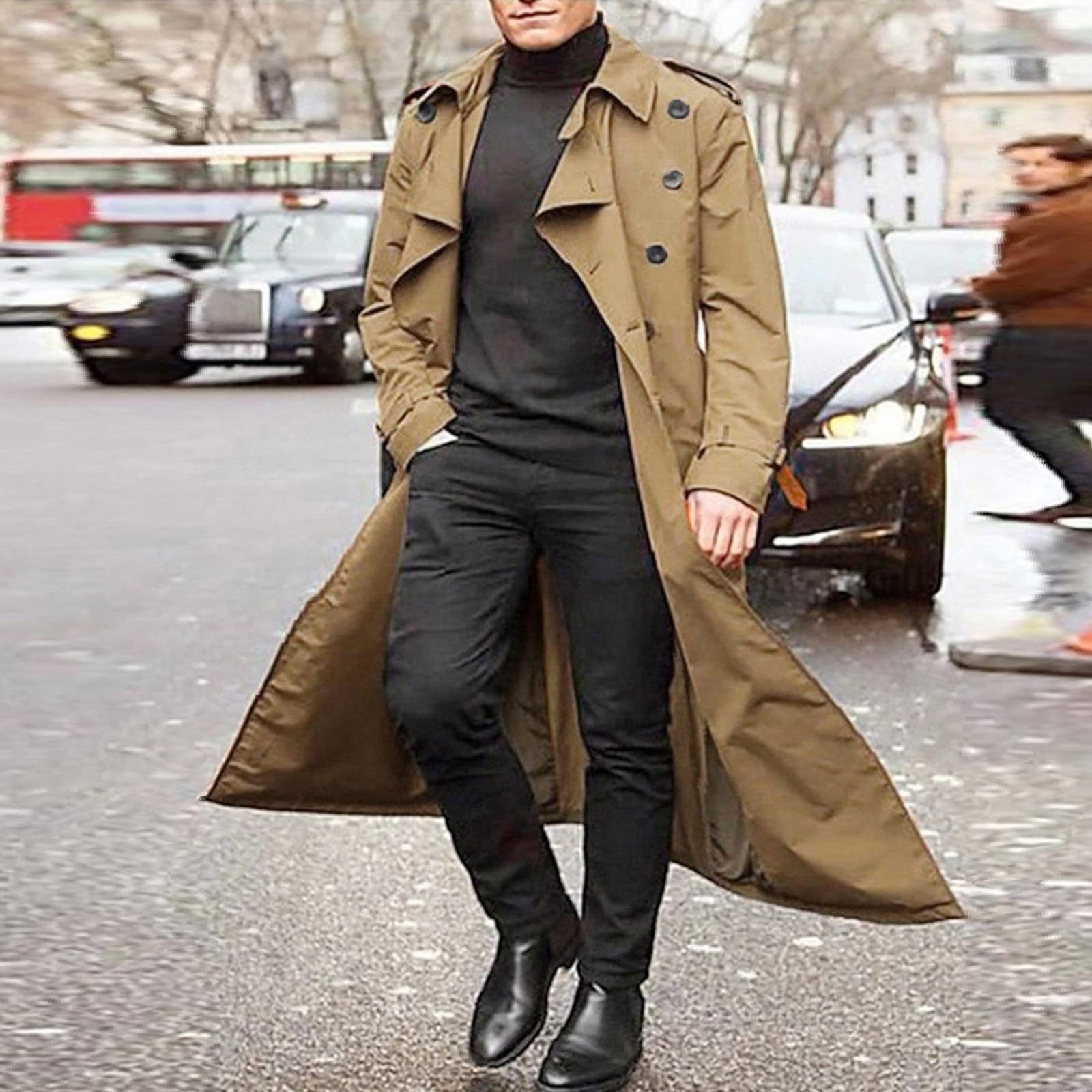 HaHaHappy Mens Trench Coat Double Breasted Long Jacket Casual