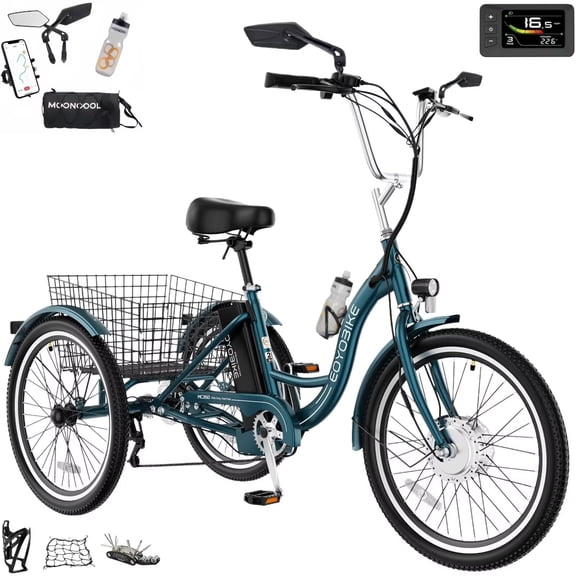 MOONCOOL MC360 Electric Trike for Adults w/ Rearview Mirror kit, 700W Peak Motor 14.5Ah battery,24"/26" 7 Speeds 3 Wheels Electric Trikes