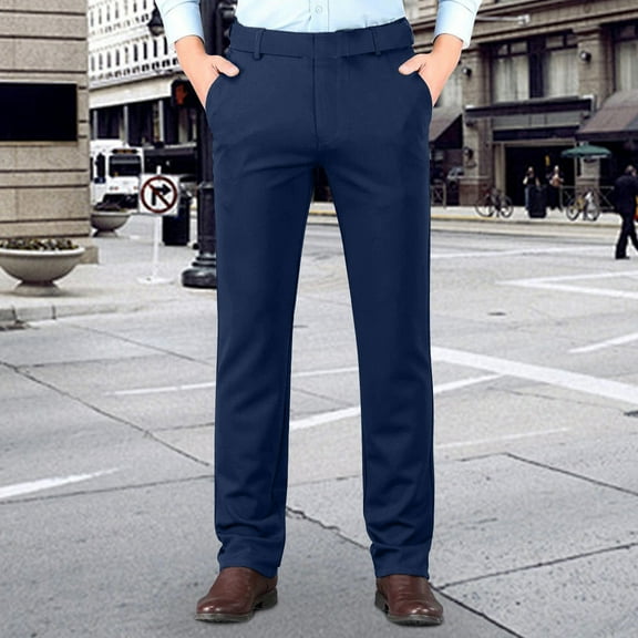CQONEPT Mens Dress Pants Pull On Regular Slacks For Office Lounge Loose Fit Skinny Leg Slim Fit Office Slacks Pant with Pockets Dark Blue 38