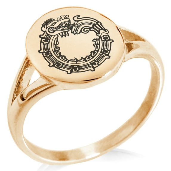 Stainless Steel Aztec Ouroboros Serpent Rune Minimalist Oval Top Polished Statement Signet Ring