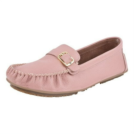 LIBERTYZENO Womens Leather Flat Loafers Casual Driving Walking Shoes  Pink