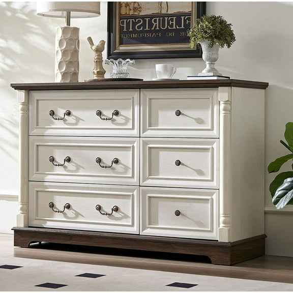 CQSXDA Farmhouse Style 6 Drawer Dresser Chest with Wooden Storage Organizer for Bedroom and Living Room Decor