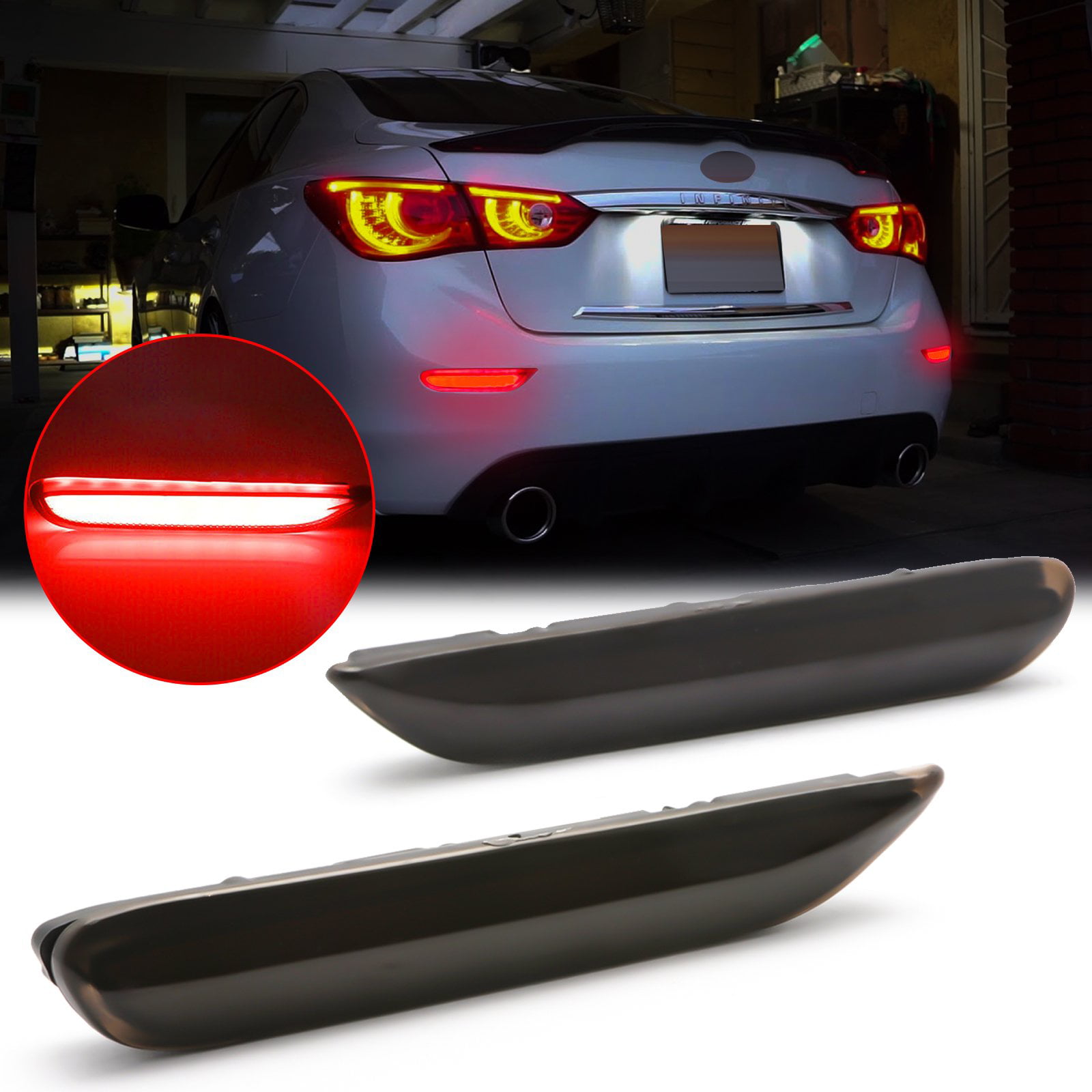 Xotic Tech 3D Optic Smoked Lens Rear Bumper Reflector Brake Tail Lights  w/Sequential Turn Signal Lamps, Strobe Brake Lighting Kit For Infiniti Q50  