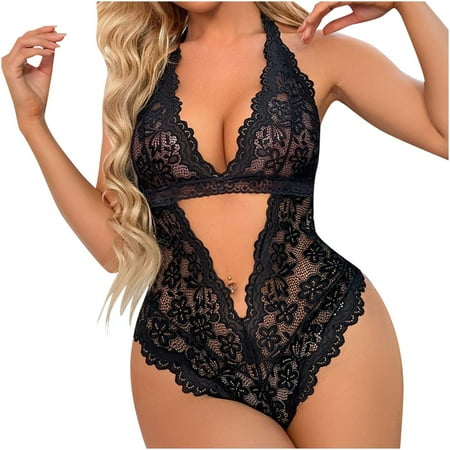 

EchfiProm New Season Trend Ladies Cute Girl Solid Erotic Lingerie Floral Sexy Perspective Halter Neck Slim Bodysuit Plus Size Lingerie