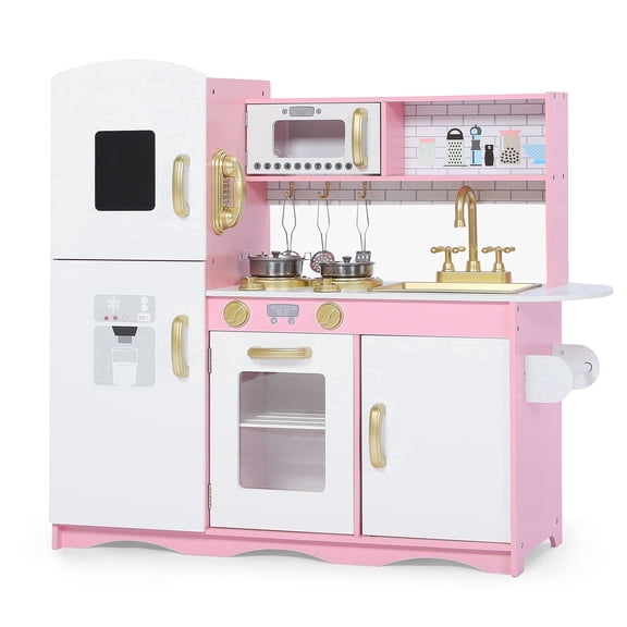 AILEEKISS Kids Play Kitchen Set, Wood Kitchen Playset for Toddler with Accessories, Gold Pink