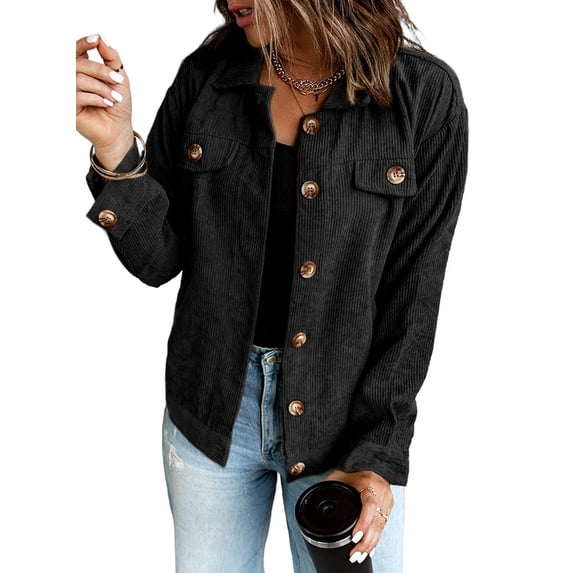 Asyoly Womens Corduroy Shacket Jackets Button Down Long Sleeve Solid Color Casual Lapel Coat Outwear With Pockets