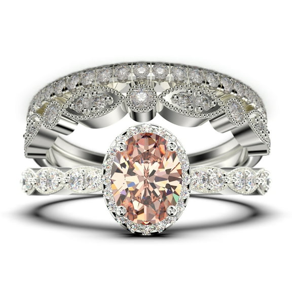 Art Deco 2.75 Carat Oval Cut Morganite And Diamond Moissanite Classic Engagement Ring, Halo Wedding Ring in 925 Sterling Silver With 18k White Gold Plating Gift For Her, Trio Set, Matching Band
