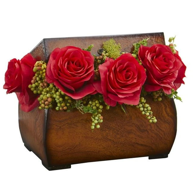 Nearly Natural 1591-RD Roses Artificial Arrangement in Decorative Chest - Red