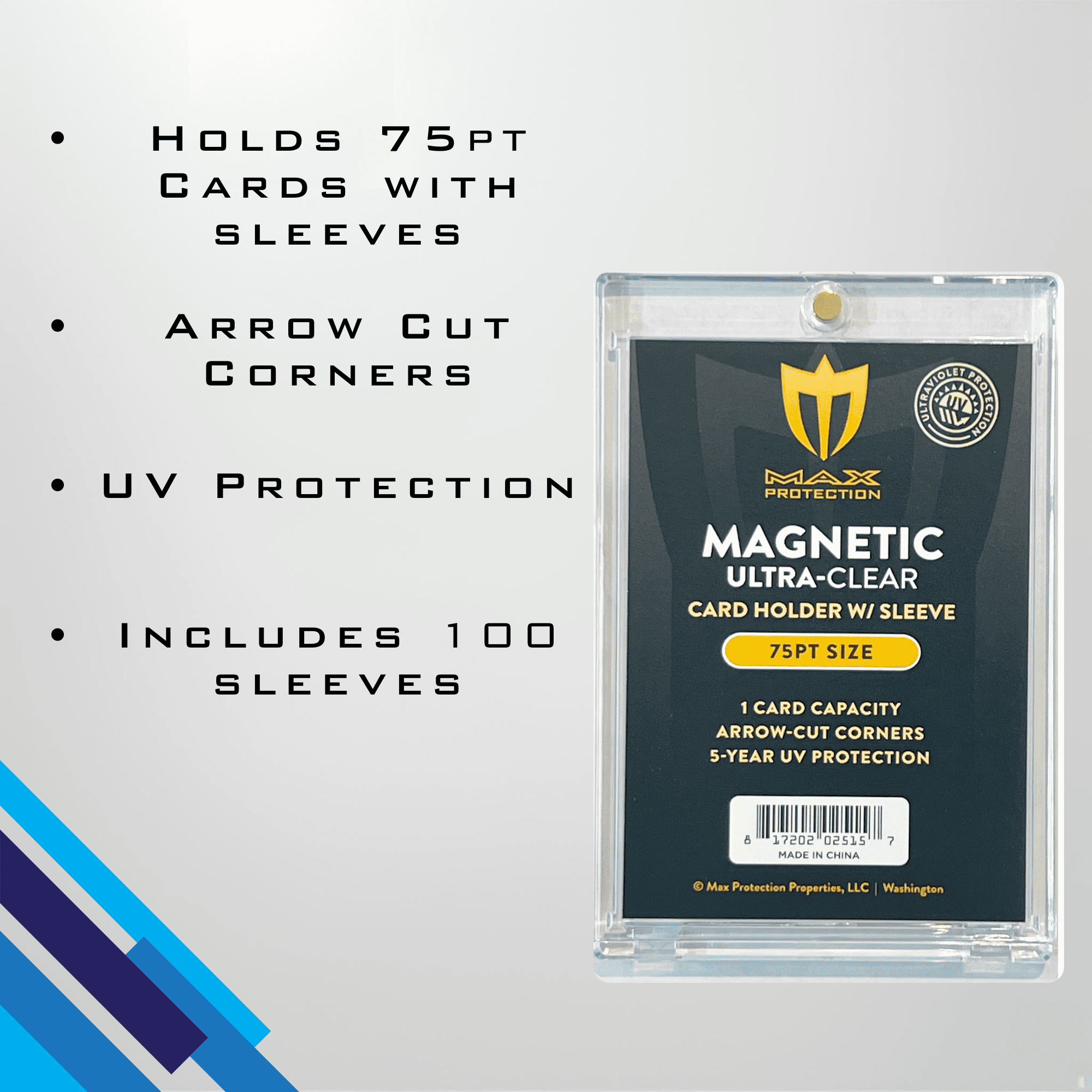 Max Protection Magnetic Card Holder for 75pt Sleeved Cards - Arrowhead Corners for Extra Protection (25)