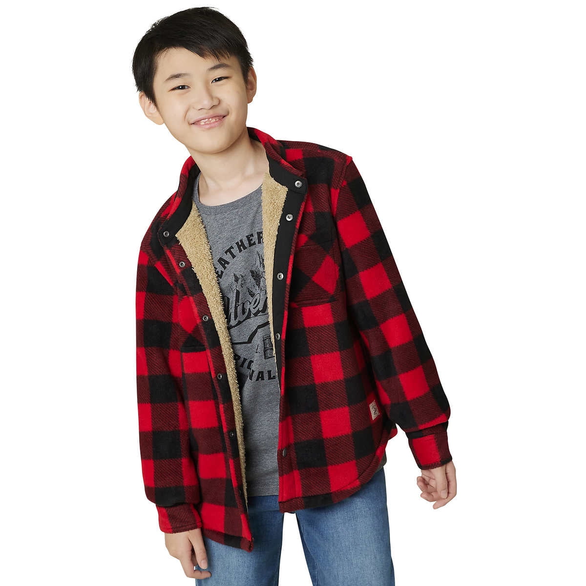 Weatherproof Vintage Boys' Sherpa Lined Shirt Jacket/Tee Shirt Set (Red