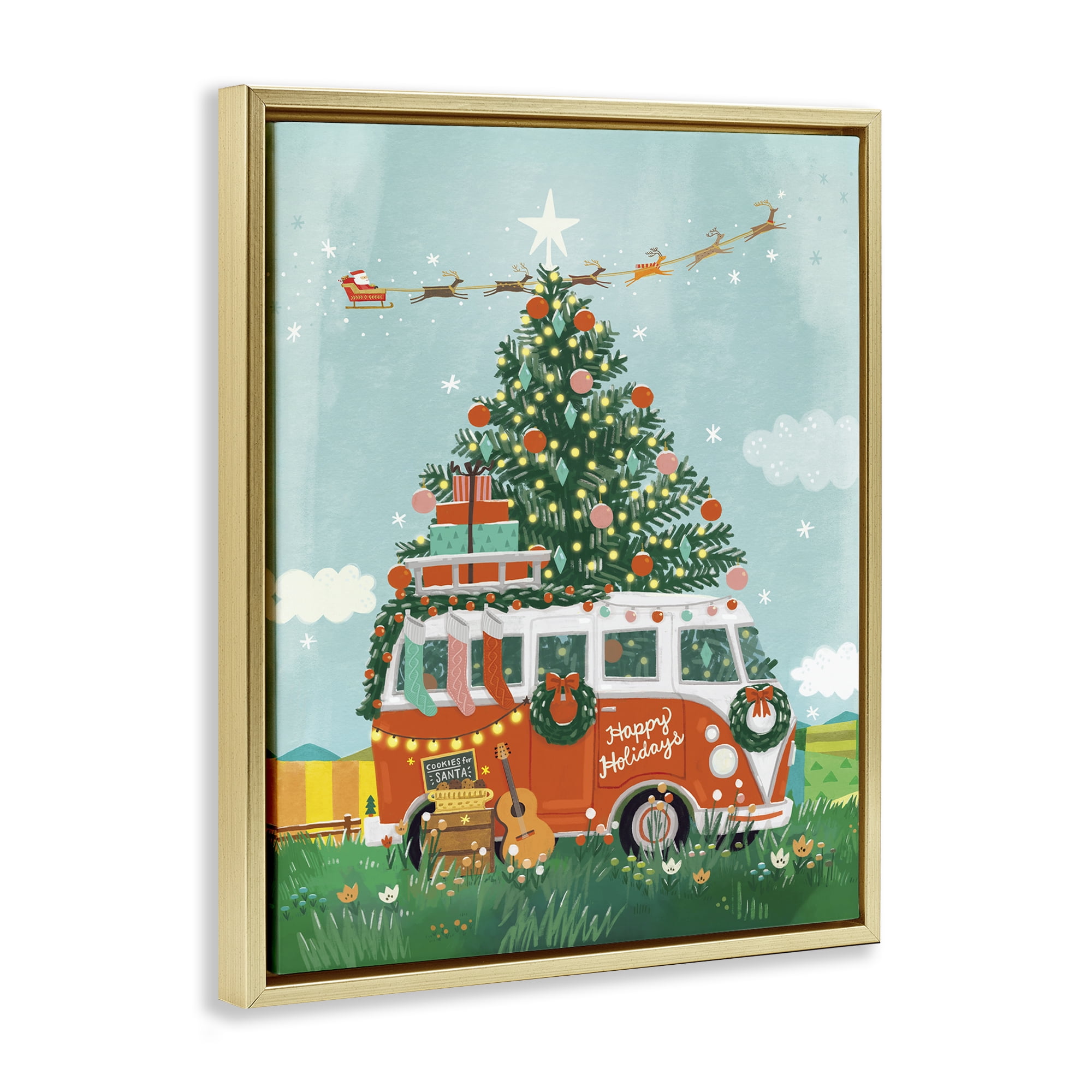 Stupell Industries Christmas Van Hangout Holiday Painting Gold Floater Framed Canvas Art Prints Wall Art, 17 x 21