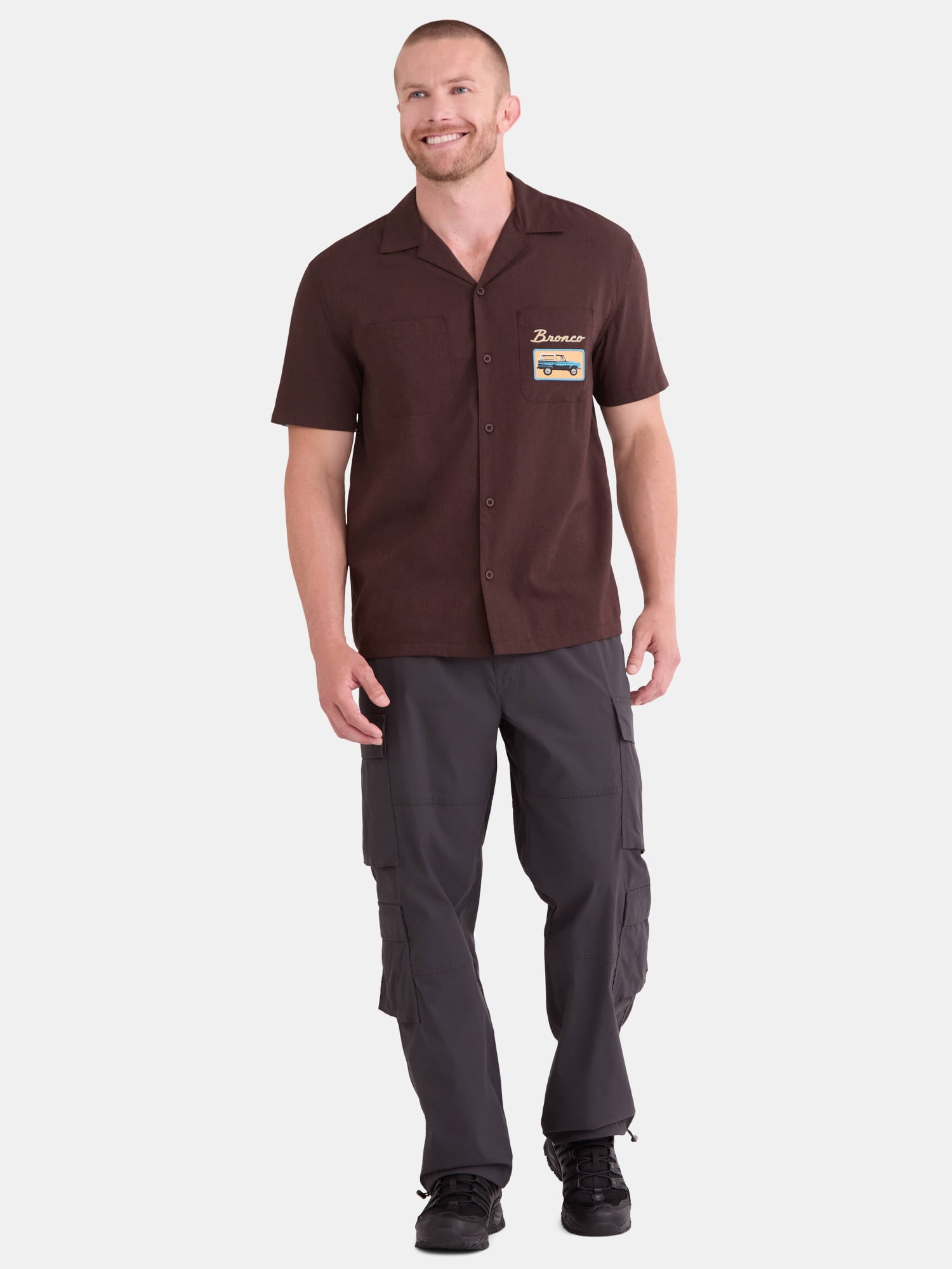 Ford Bronco Men's and Big Men's Front and Back Graphic Button Up Workwear Style Mechanics Shirt with Short Sleeves, Sizes S-3XL