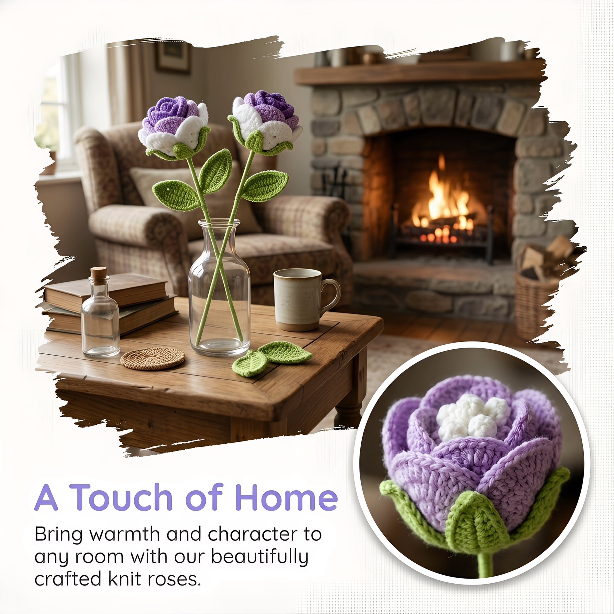 Unique Bargains 2Pcs Handmade Crochet Long Stem Realistic Fake Roses Gradient Purple