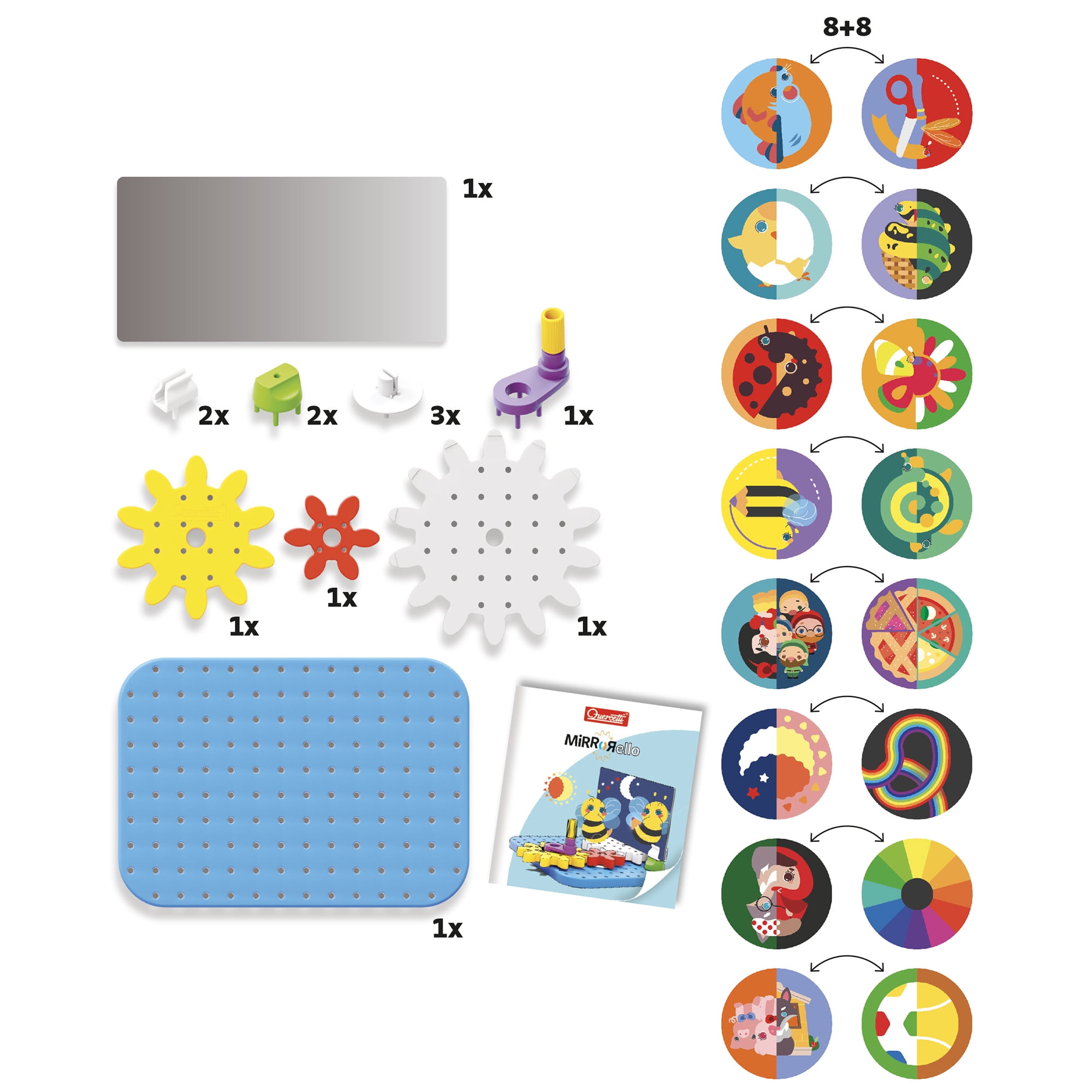 Quercetti: Mirrorello - Gear Assembly Game Toy, Turn The Crank, Double-Sided Discs, Mirror Illustrations, Explore Patterns, STEM Building Toy, Kids 4+