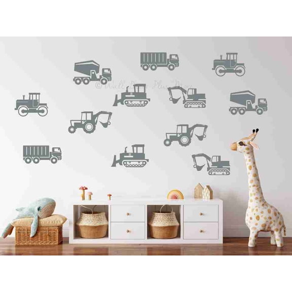 Construction Truck Wall Art Stickers 12 Vinyl Vehicle Wall Decals for Nursery, Kids Room & Playroom, Removable Boys Construction Theme Wall Decor, 12 pc, 7x4-Inch each, StormGray