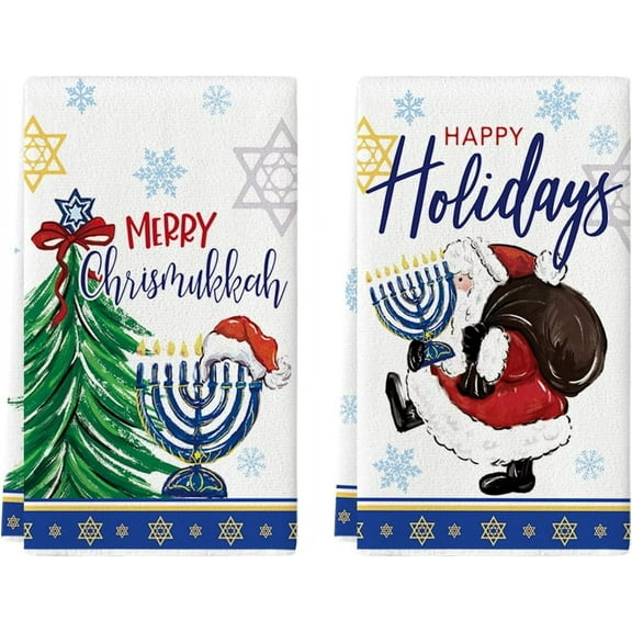 SOME THING Santa Claus Candle Hanukkah Kitchen Towels Dish Towels, 18x26 Inch Farmhouse Xmas Trees Decoration Hand Towels Set of 2