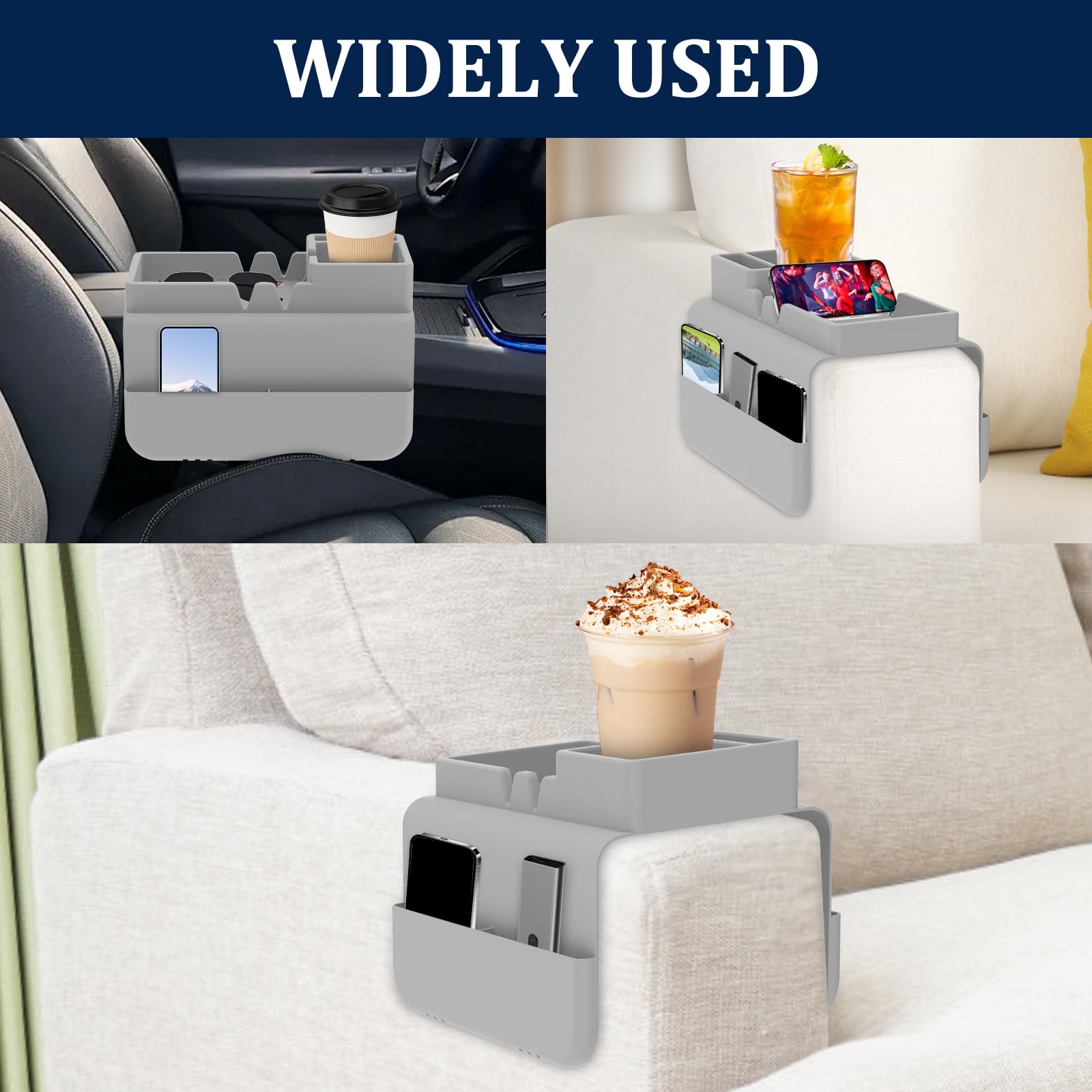 NUAHRHY Couch Cup Holder, Couch Arm Tray, Silicone Sofa Armrest Tray with Dual Side Pocket, Anti-Spill Chair Recliner Organizer for Cellphone Remote Control Snacks iPad