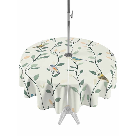 Outdoor Table Cloth with Umbrella Hole and Zipper, Green Botanical Waterproof Round Tablecloth 54 Inch, Spring Summer Birds Watercolor Washable Table Cover for Outside Party Patio Picnic