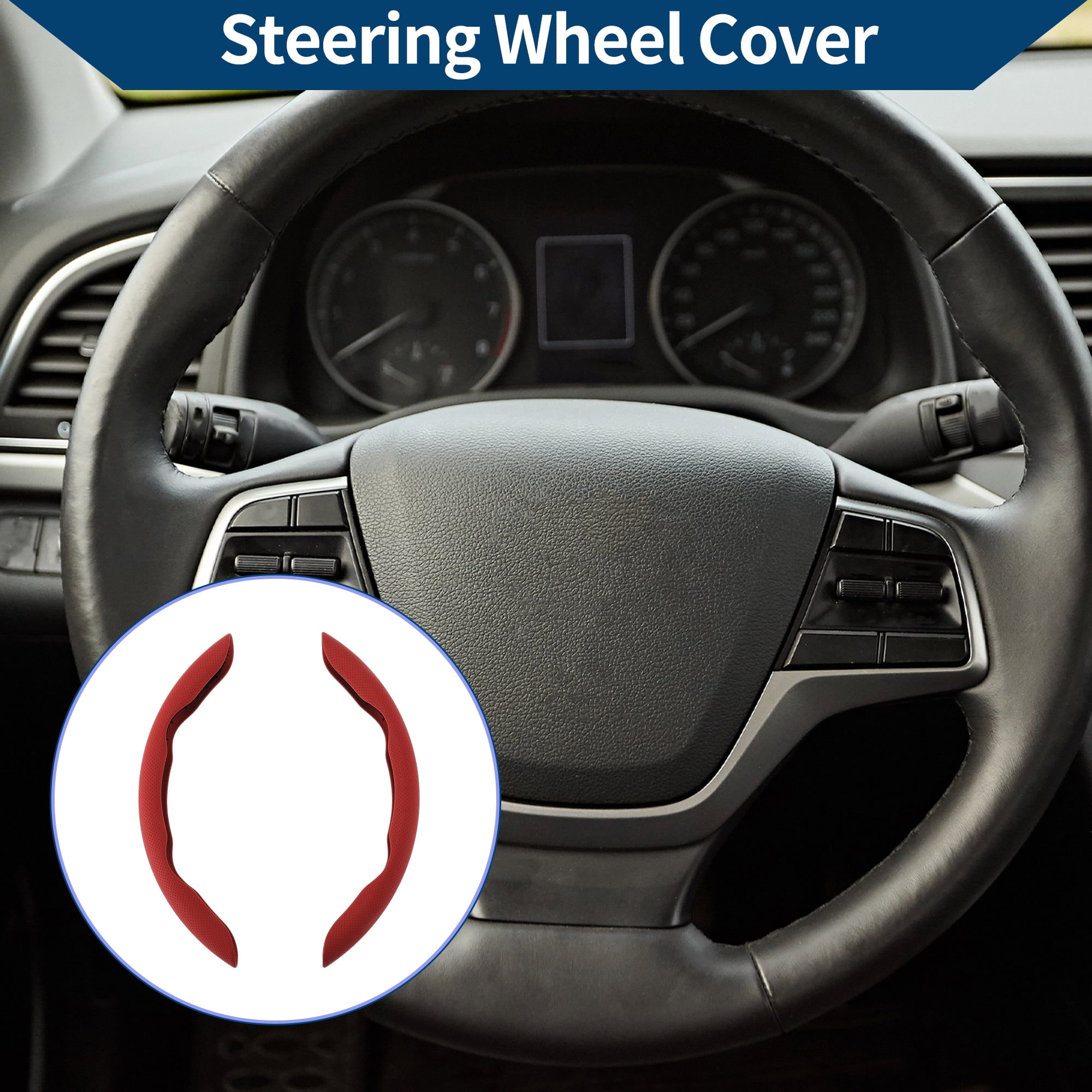 Unique Bargains PU Steering Wheel Cover Rubber Car Steering Wheel Protector Red 2 Pcs