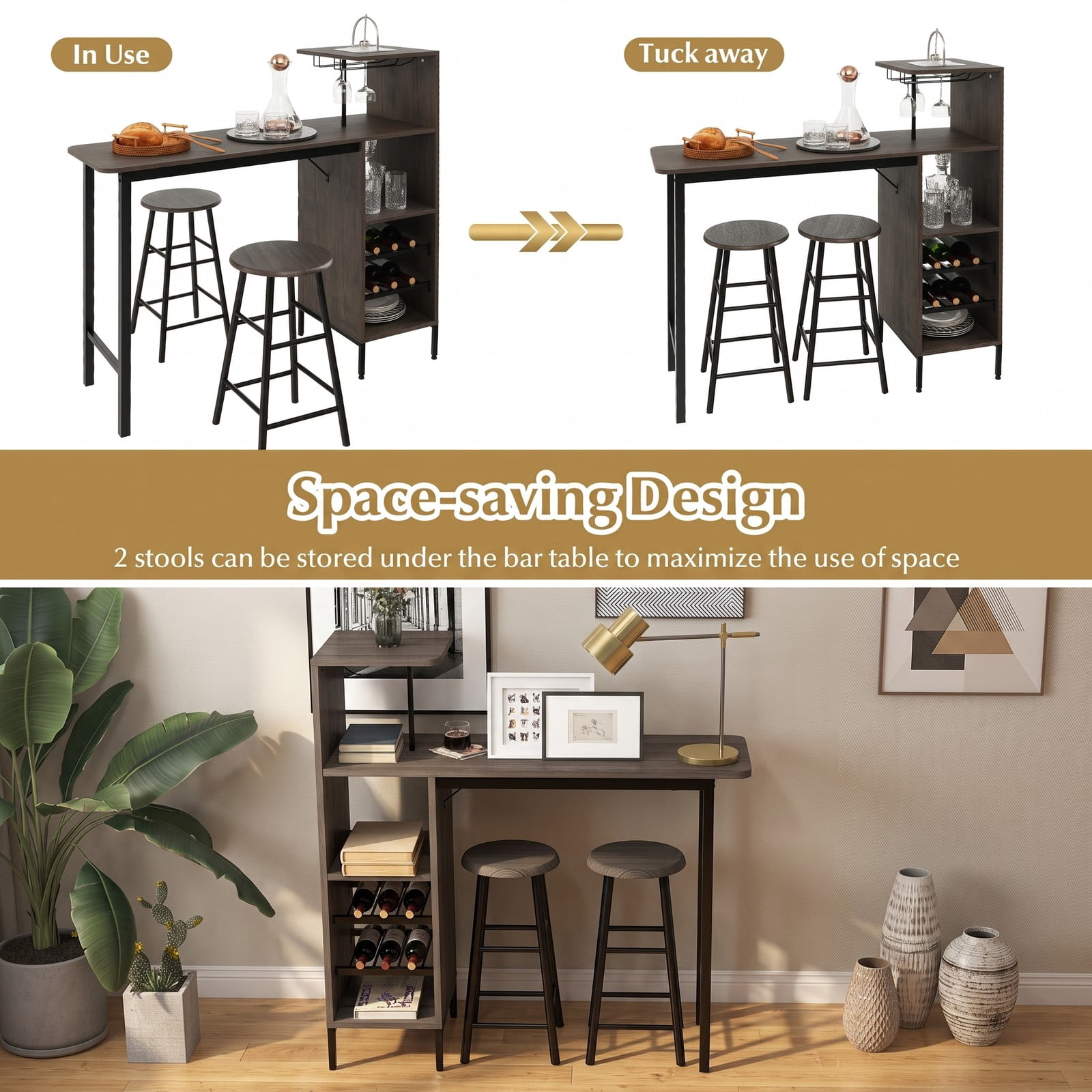 Furnibear 3 Piece Bar Table and Chairs Set with 6-Bottle Wine Rack, Counter Height Pub Dining Table Set with 2 Stools and Storage Shelves for Kitchen Breakfast, Brown