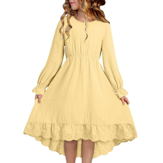 Vestido largo de poliéster para niña, de color liso, informal, cómodo, de manga larga y cuello redondo.