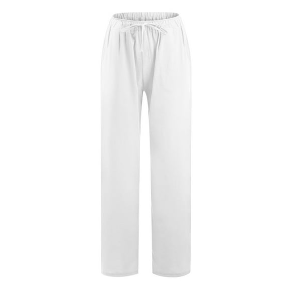 Plus Size Women's Solid Cotton Linen Drawstring Elastic Waist Long Wide Leg Pants On White 10(XL)