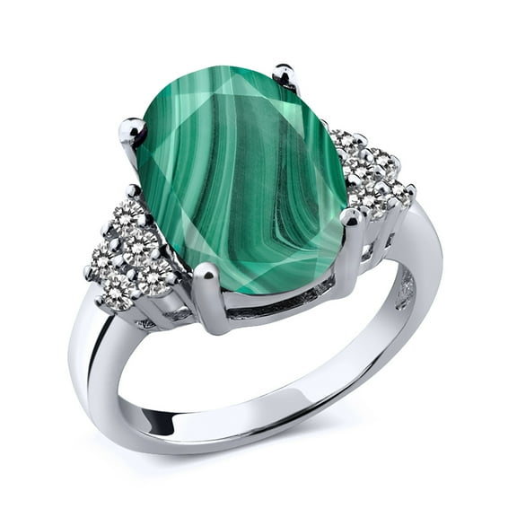 Gem Stone King 6.33 Ct Oval Green Malachite White Diamond 925 Sterling Silver Ring (Size 6)