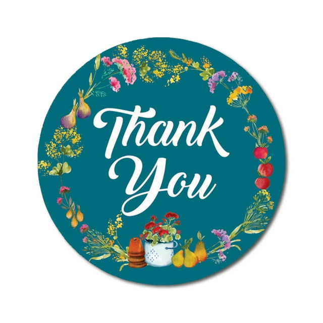Darling Souvenir Teal Blue Floral & Fruit Wreath 1.6 Inches Round Personalized Thank You Stickers-45 Pcs