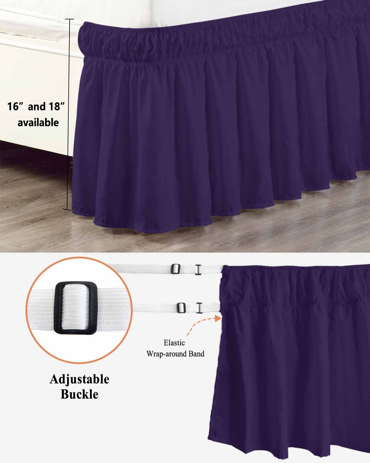 Solid Color Ruffle Bed Skirt Queen Size Dark Purple Adjustable Elastic Dust Bed Skirts Wrap Around Bedskirt Wrinkle Free Easy Fit with 16 Inch Drop