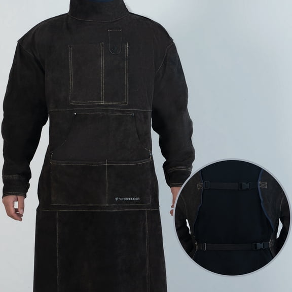 Heat-Resistant Cowhide Welding Apron with Detachable Sleeve & 6 Pockets - Brown Leather Welder's Protective Gear by YESWELDER(Size: Small)