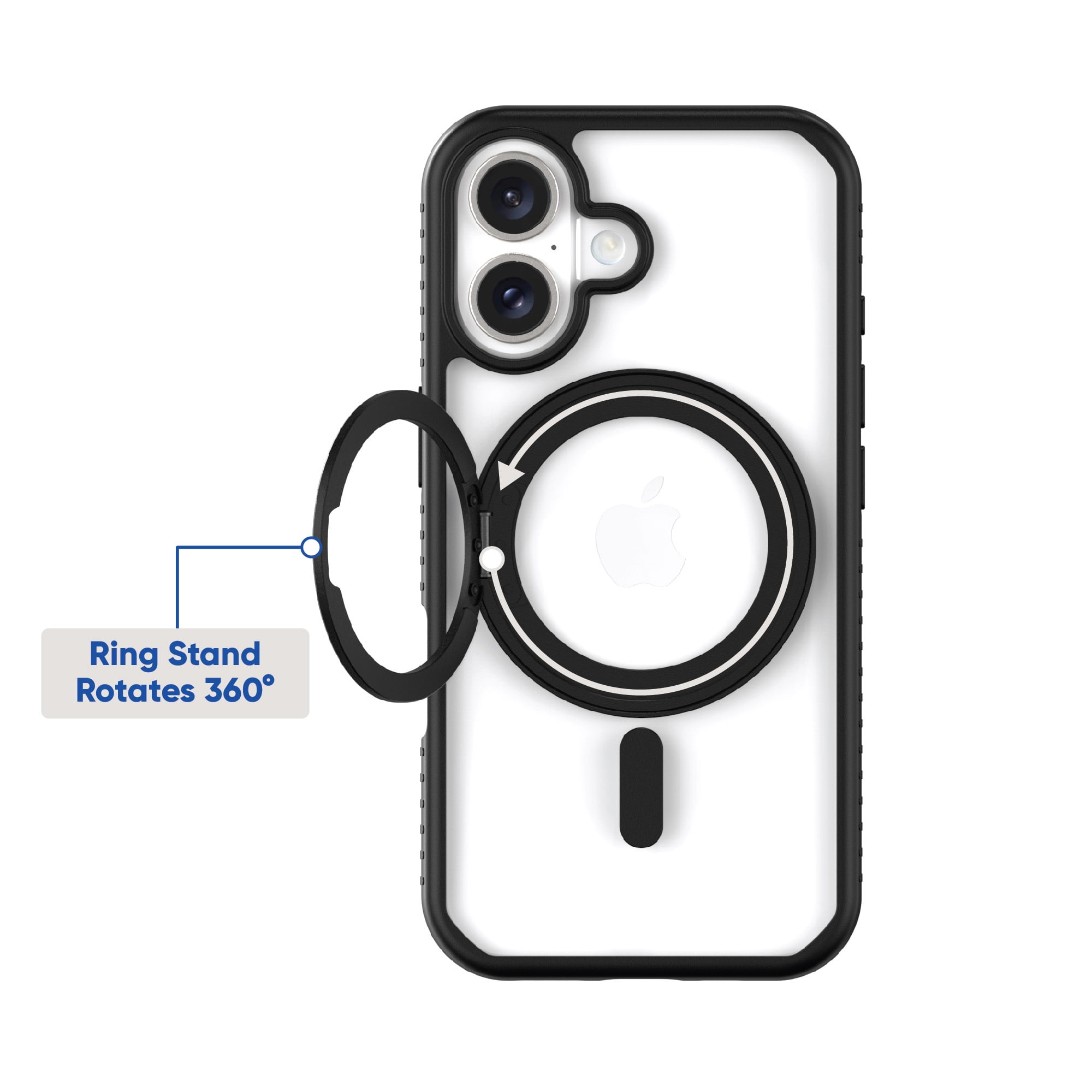onn. MagSafe Compatible Phone Case with Ring Stand for iPhone 16 Plus - Black/Clear