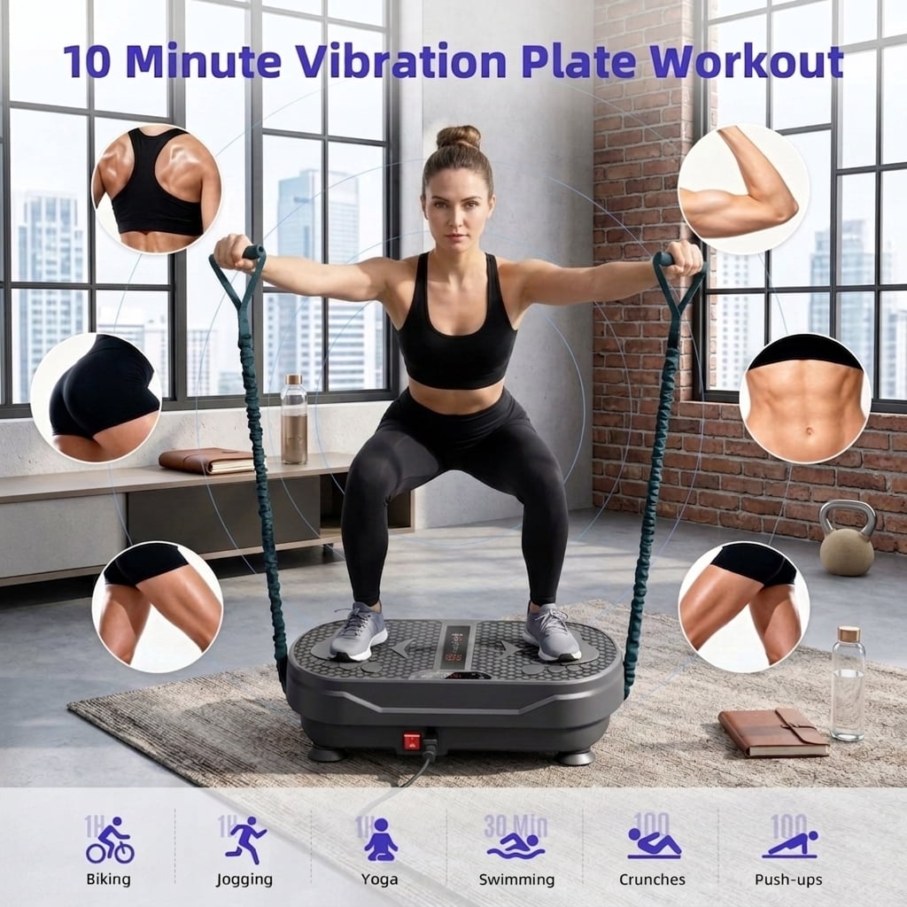 Fenbeli Vibration Plate Exercise Machine for Full-Body Workouts, 1-999 Speeds, Wireless Speaker, Remote, 2 Loops and 5 Resistance Bands, 450 lb Capacity, Black