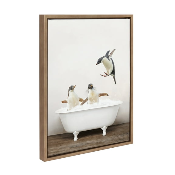 Kate and Laurel Sylvie Penguins Playing in Rustic Bath Framed Canvas Wall Art by Amy Peterson Art Studio, 18x24 Gold, Modern Fun Decorative Bathtub Wall Art for Home Décor