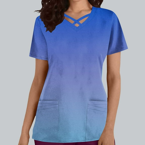 Rciityk Blue Womens Nursing Scrub Tops Gradient Printed Working Uniform Short Sleeve V Neck Workwear Blouse T-shirt with Pockets