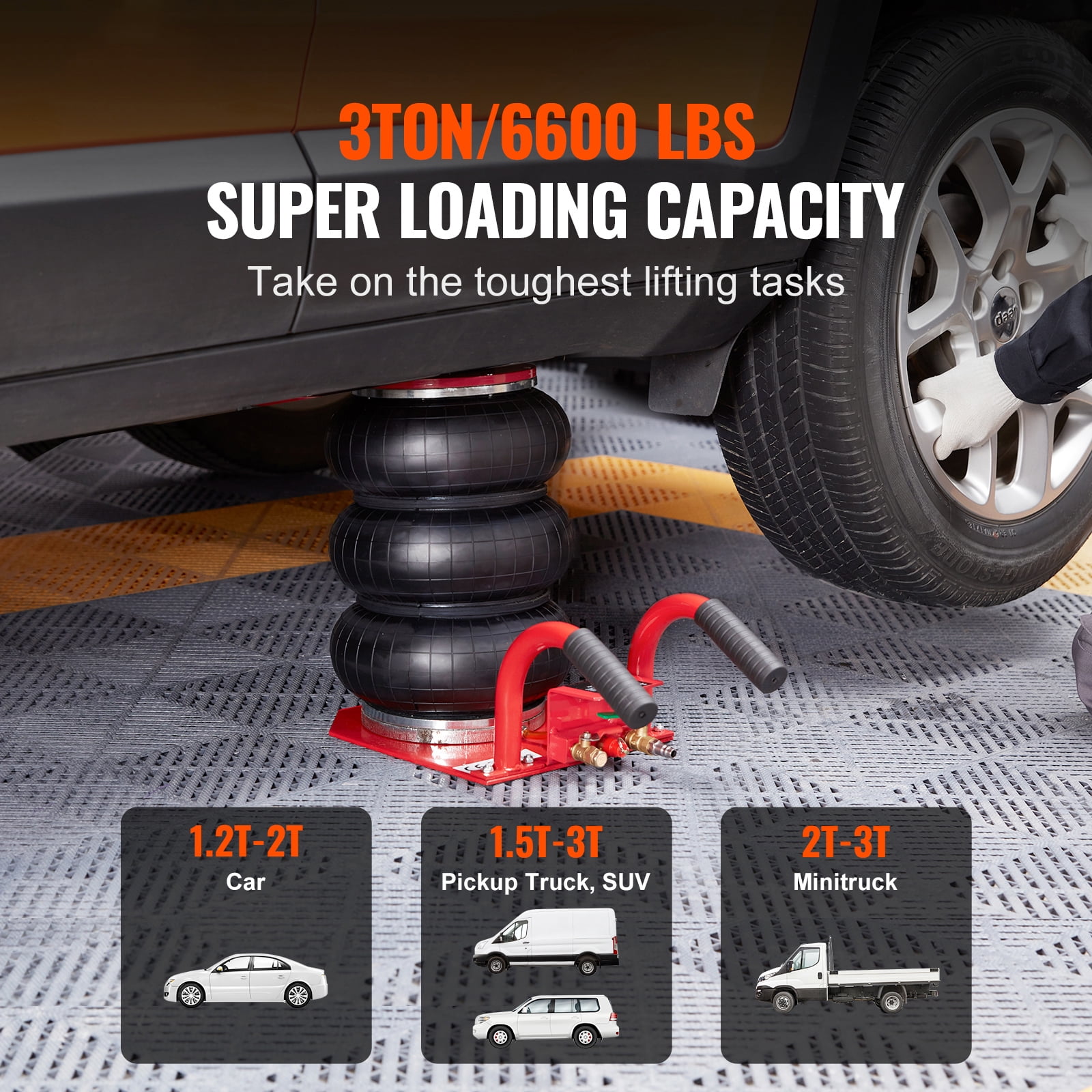VEVOR Air Jack, 3 Ton/6600 lbs Triple Bag Air Jack, Airbag Jack with Six Steel Pipes, Lift up to 17.7 inch/450 mm, 3-5 s Fast Lifting Pneumatic Jack, with Short Handles for Cars, Garages, Repair