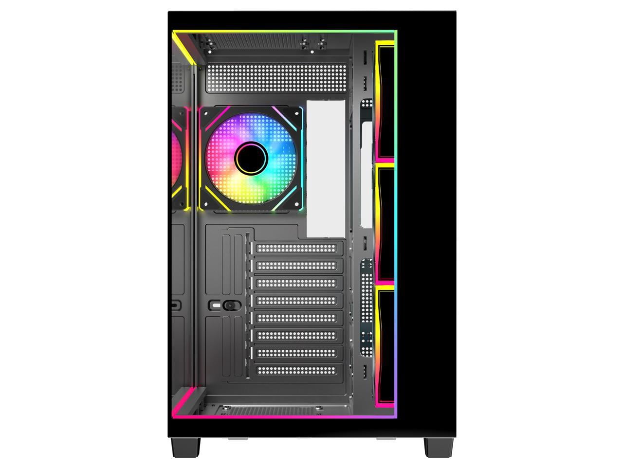 DIYPC IDX3-ATX-ARGB Black Dual USB3.0/ Type C Tempered Glass ATX Gaming Computer Case w/ Dual Tempered Glass Panel and 4 x ARGB PWM Fans (Pre-Installed). Integrated ARGB Light Strip.