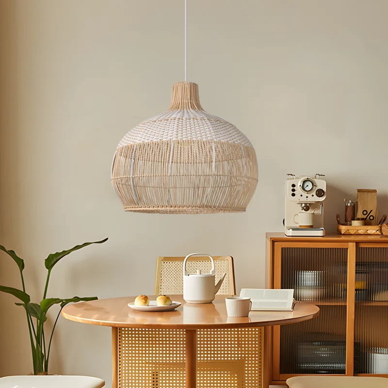 Arturesthome Rattan Pendant Light Fixture Hand-Woven White Wicker Basket Chandelier Boho Faux Rattan Hanging Lamp for Dining Living Bedroom Kitchen