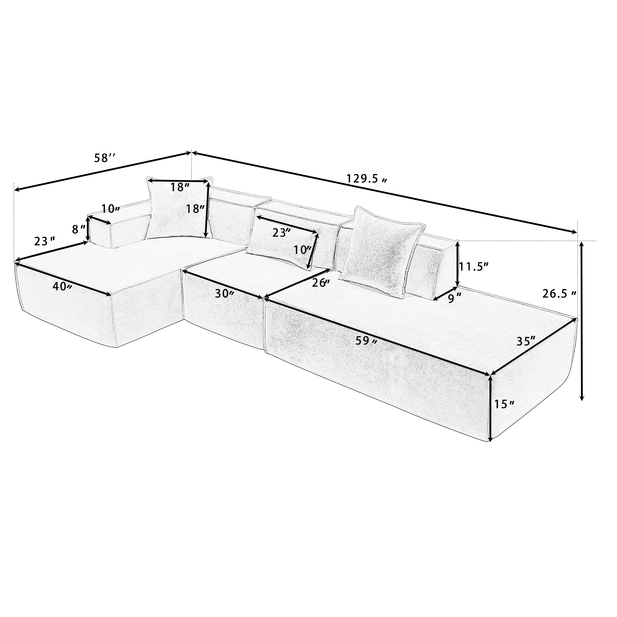 AISWORD 129.5'' L-Shaped Modular Sectional Sofa, Tofu Block Floor Sofa with 3 Pillows for Living Room, Beige