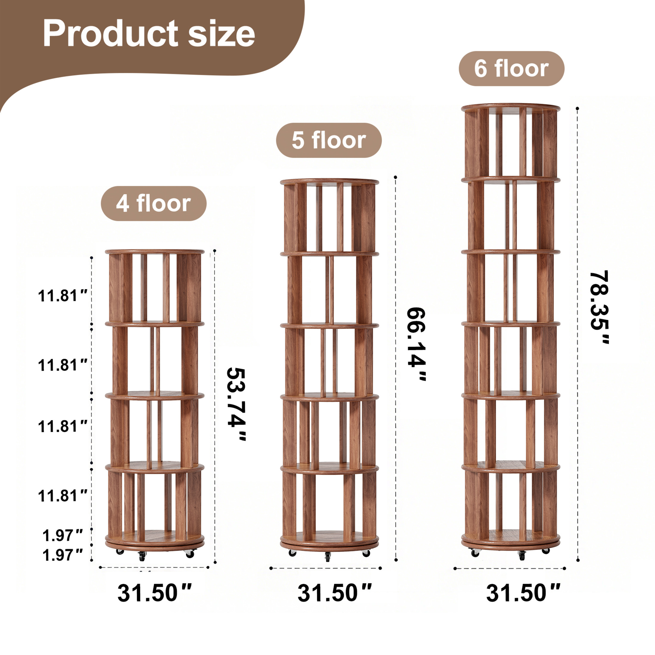 Noble House Saxon 66" 5-Tier Rotating Bookshelf Tower, Solid Rubberwood, 360° Bookcase on Locking Wheels, Walnut