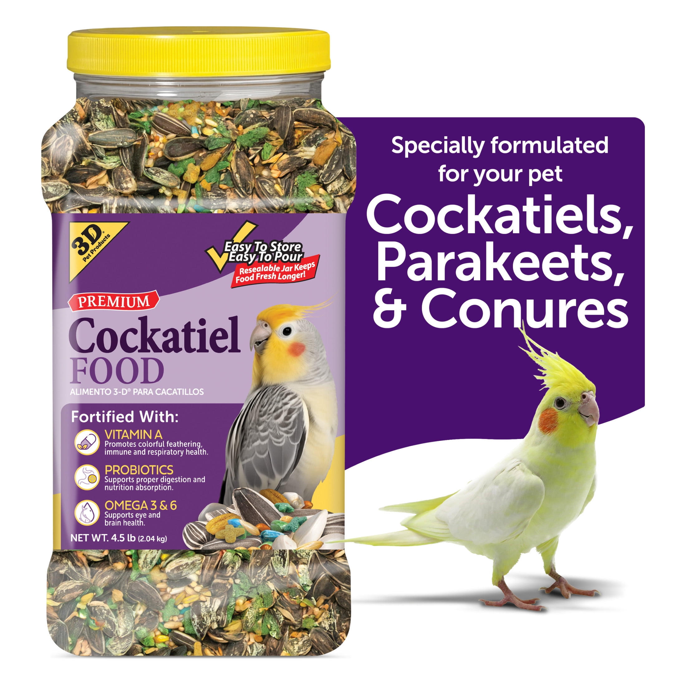 (3 pack) 3-D Pet Products Premium Cockatiel Bird Food Seeds, with Probiotics, 4.5 lb. Stay Fresh Jar