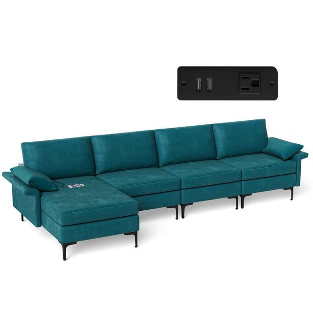 Costway Modern Modular L-shaped Sectional Sofa w/ Reversible Chaise & 2 USB Ports Blue