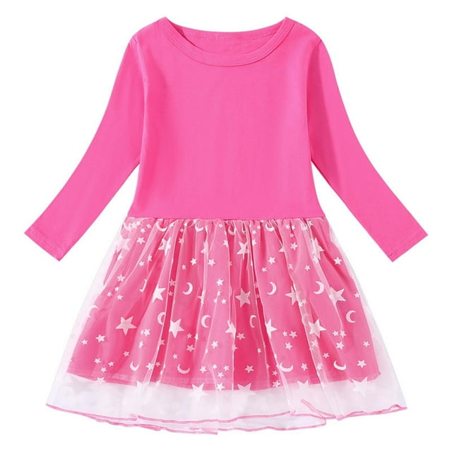 COM1950s Robe Longue avec Manches, Robe en Coton à Manches Longues et Col Rond pour Filles avec Empiècements en Mesh, Jupe Décontractée Ample et Confortable, Robe d'Été Décontractée