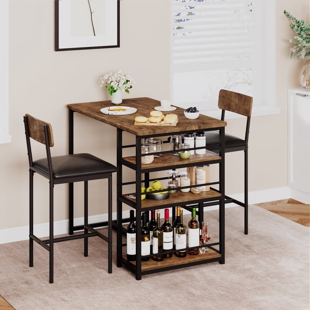 Cherish Kitchen DiningTable and Upholstered Chairs, Counter Height Bar Table Set with 3 Storage Shelves