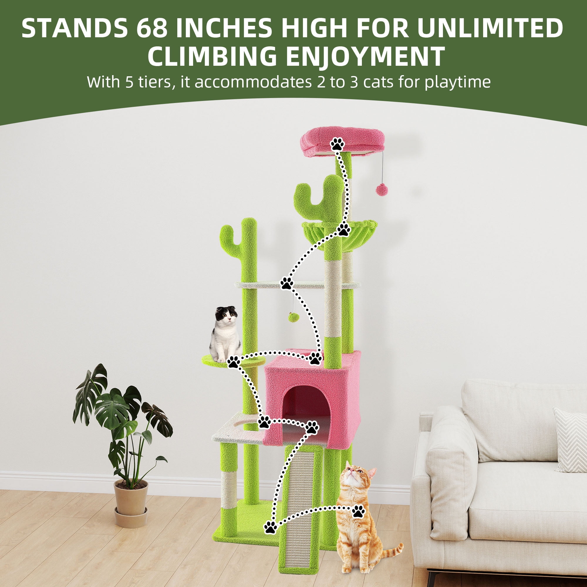 Uforic 68"  Tall Cactus Cat Tree, Multi-Level Large Indoor Cat Tower with Sisal Post, Hanging Balls, Green & Pink