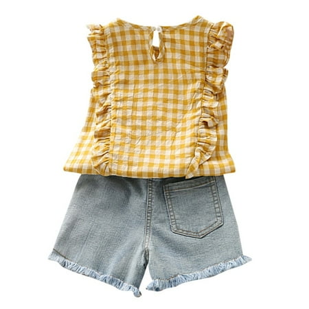 

1-6T Kid Girls Plaid Shirts Tops + Denim Shorts Summer Outwear Set