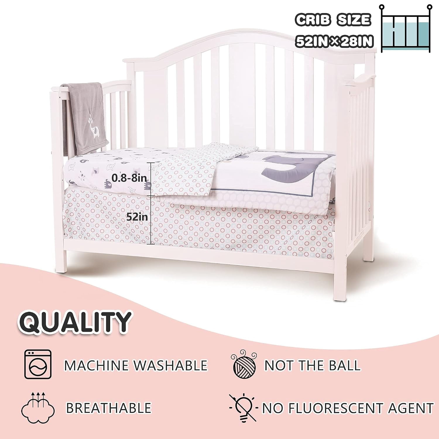 Sweet Baba Gray Elephant Crib Bedding Sets for Boys 4 Pcs, Baby Girls Set Included Comforter, Fitted Sheet, Crib Skirt & Blanket for Nursery Standard Size Neutral