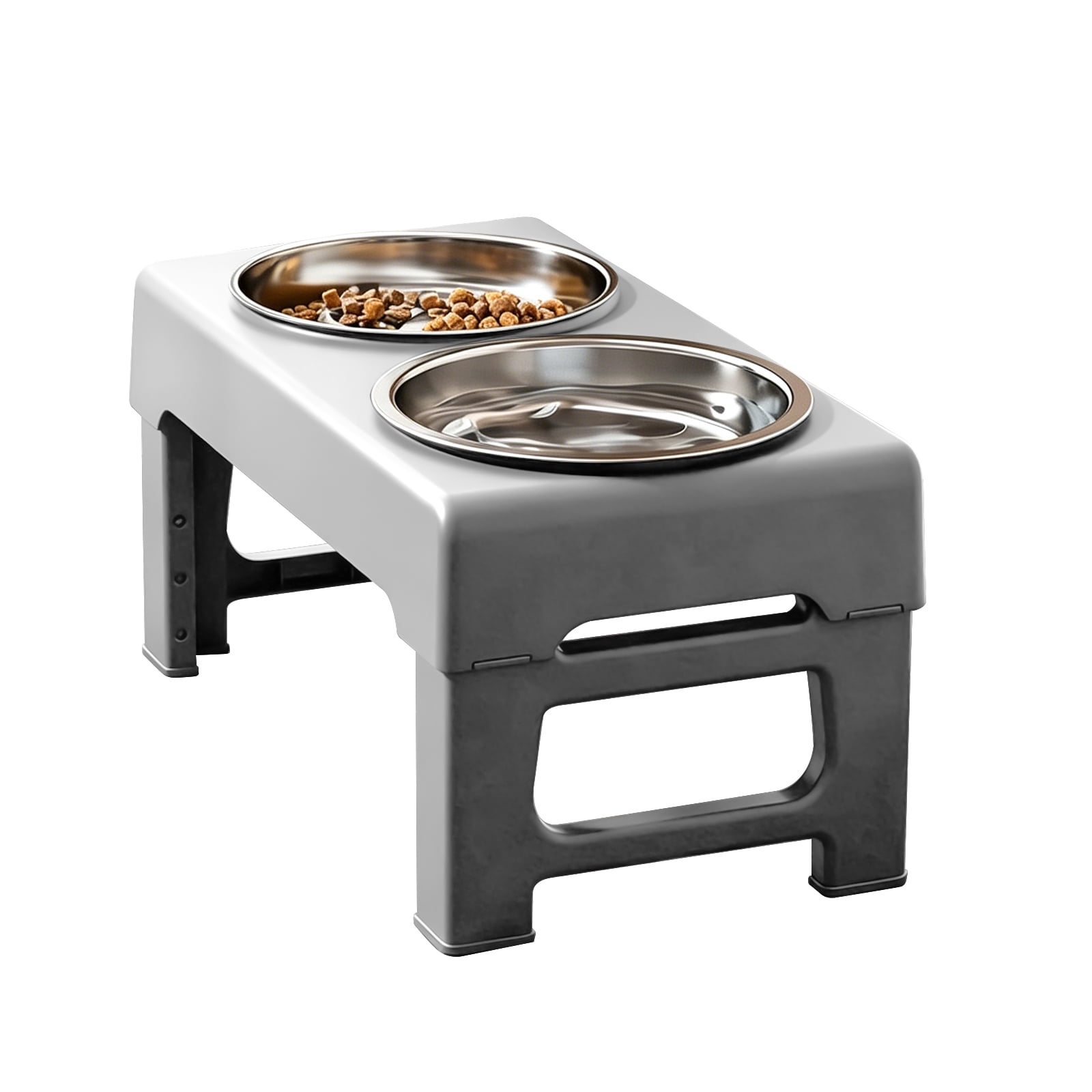 Elevated Dog Bowls Stand with Slow Feeder and 2 Stainless Steel Dishes, Height Adjustable Non-Slip Base Raised Pet Feeder for Most Sizes, Gray