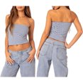 thumbnail image 2 of Gupgi Tube Tops for Women's Solid Color Slim Fit Bandeau Summer Off Shoulder Stripe Crop Tops, 2 of 9