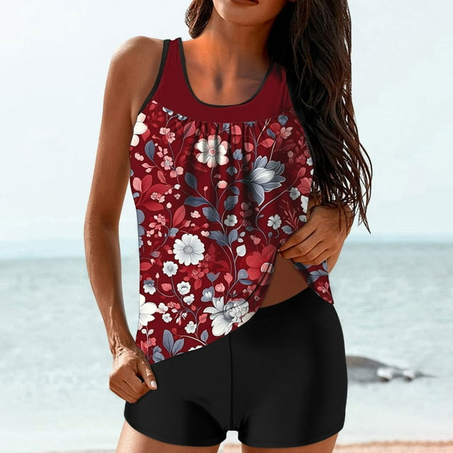 Trajes de baño tankini para mujer Trajes de baño de dos piezas con espalda de tiras y estampado conservador para mujer Traje de baño de dos piezas para mujer