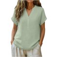 thumbnail image 2 of ClodeEU Women's Linen Blend V Neck Short Sleeve Top ,Loose Fit Casual Button Blouse Green,Womens Plus XL, 2 of 7
